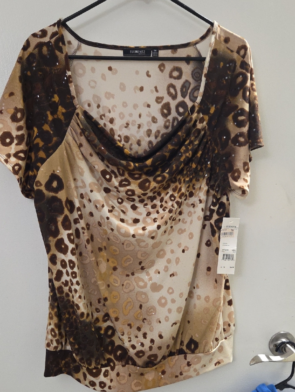 Elementz Tan and Brown Leopard-Print Cowl Neck Short Sleeve Top